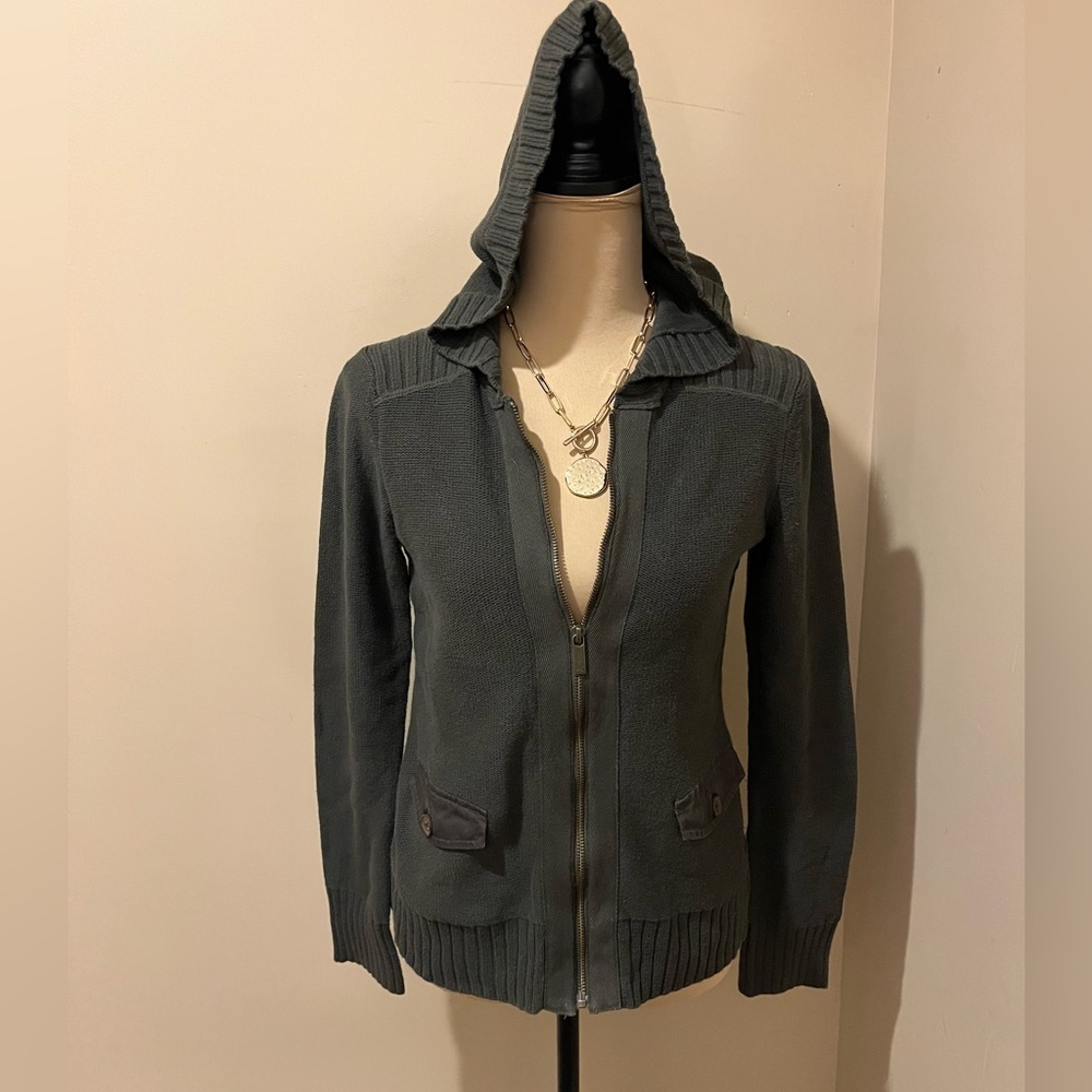 Eddie Bauer Dark Olive Green Hooded Military Inspired  Zip-Up Sweater, size XS